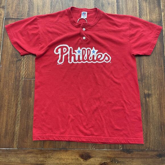 Vintage Philadelphia Phillies Shirt Mens Medium MLB Baseball Script Henley 90s - Picture 2 of 8
